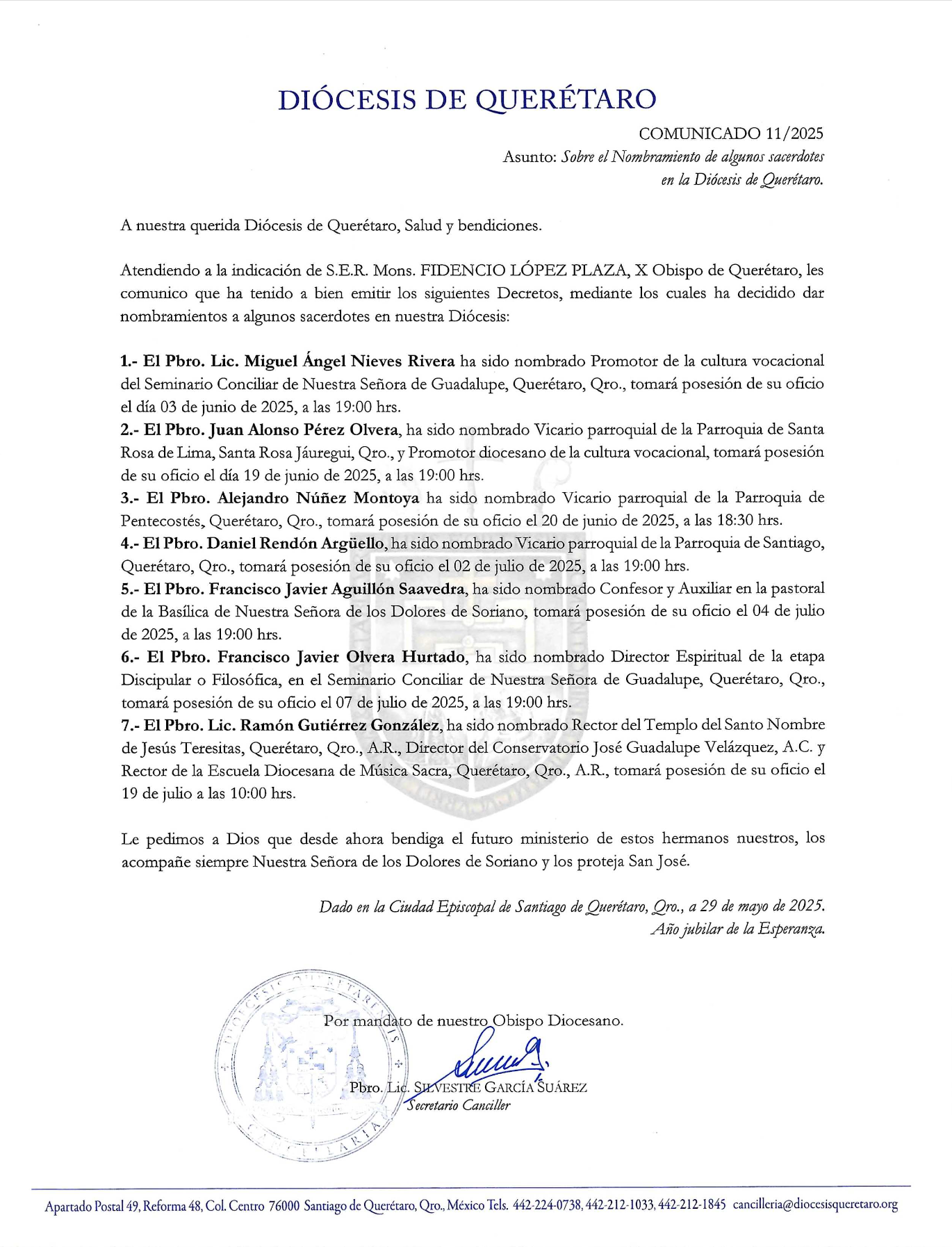 COMUNICADO 11/2025. Asunto: Sobre el Nombramiento de algunos sacerdotes en la Diócesis de Querétaro..